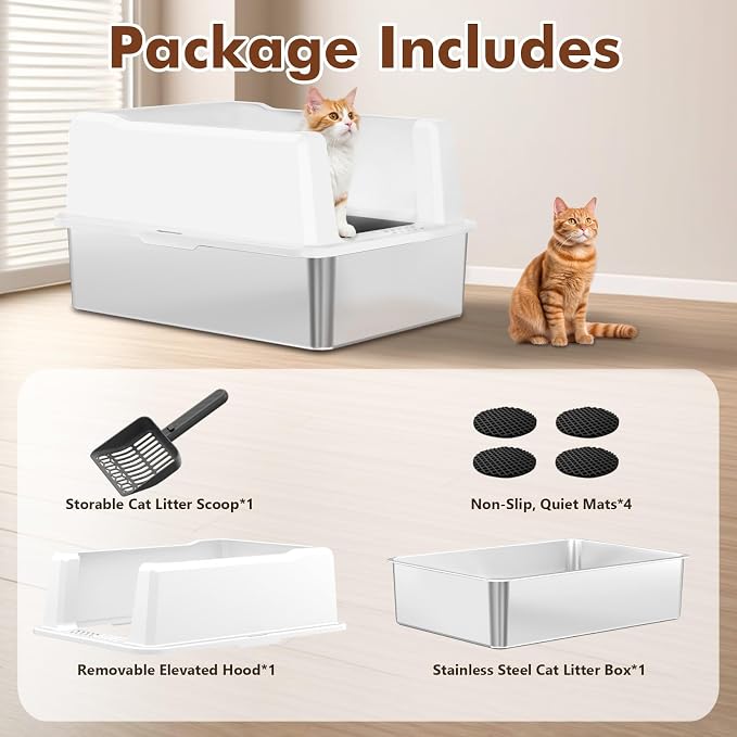 Extra Large Stainless Steel Cat Litter Box for Maine Coons, Large Cats & Multi-Cat Homes, High-Sided Design, Easy to Clean, Non-Stick, Anti-Leak