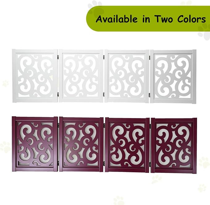 Ashfield & Harkness: 4-Panel Pet Gate - Scroll Mahogany - Wooden Foldable Freestanding Dog Fence, 80 x 23.5, Doorway-Halls-Stairs, 360 Rotated Hinges