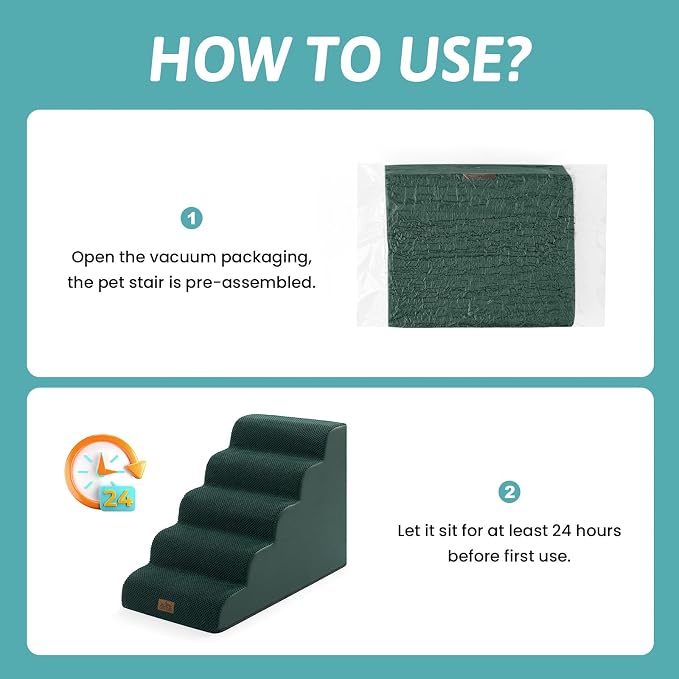 COZY KISS Wide Dog Stairs for Small Dog 22.6" H, Curved Pet Step for Puppy, Older Cat, Curved Ramp for High Bed or Car, Ladder with High Density Foam, Durable, 5 Step, 17.7x33x22.6 inch, Dark Green