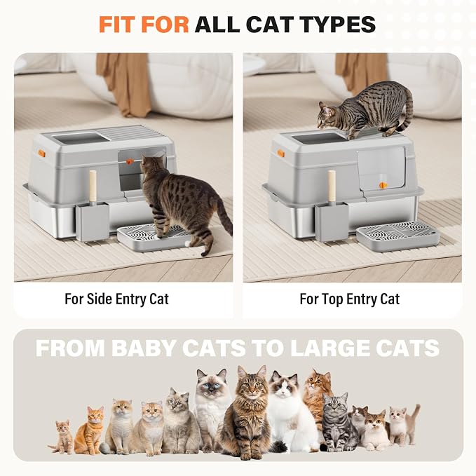 Removable Stainless Steel Cat Litter Box with lid, Side & Top Entry Kitty LitterBox,Cat Litter Box Enclosure, XL Extra Large High-Sided Metal Cat Box with Scoop, Footboard(Grey)