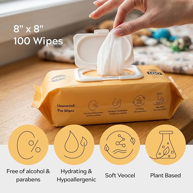 Pet Wipes for Dogs & Cats – Hypoallergenic & Gentle – with Aloe, Oat Extract, Chamomilla, Cucumber, Calendula & Vitamin E – for Cleaning Paws, Face & Body – Unscented – 100 Count