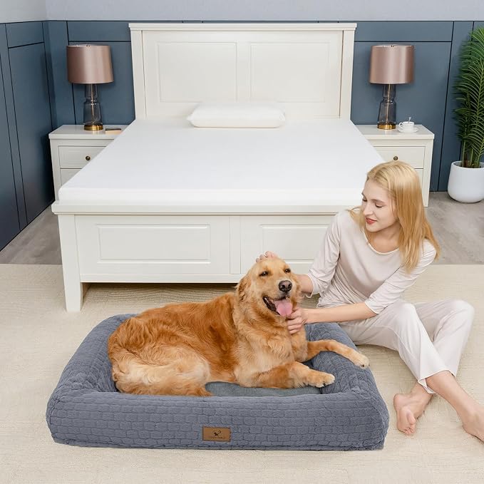 Plush Orthopedic Dog Bed for Medium Large Dogs, Memory Foam Bolster Sofa Bed with Removable Washable Cover, Waterproof Lining & Non-Slip Bottom (Grey-M)