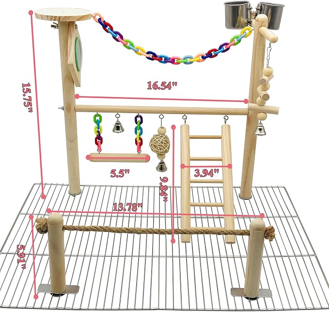 Bird Playground Top Cage, Parrot Gym Hanging Chewing Toys, Cage Top Play Stand for Conure, Parakeets, Budgie, Cockatiels, Lovebirds, Wood Perch Toys