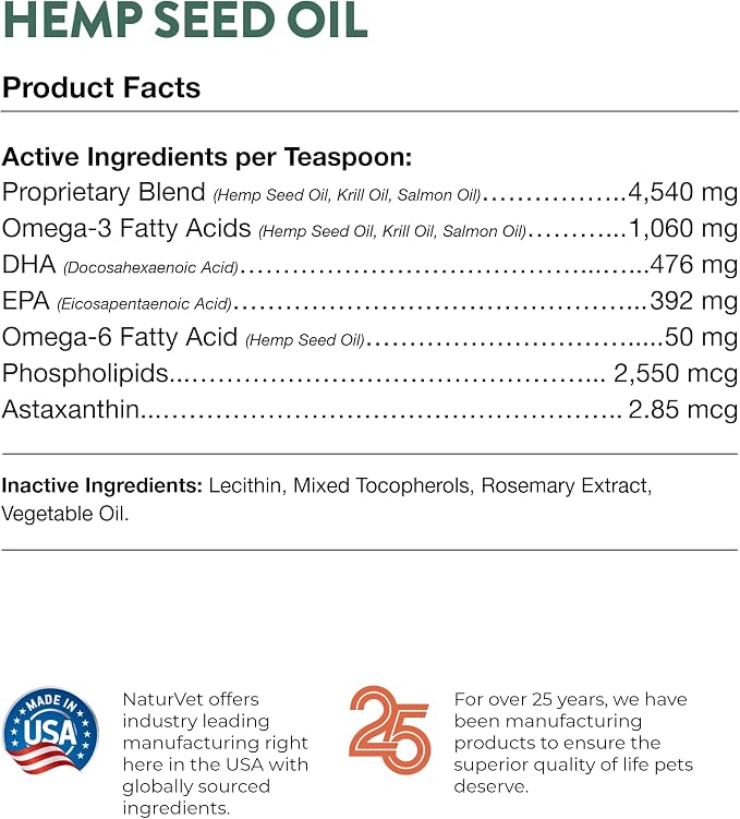 NaturVet Hemp Seed Oil Krill and Salmon, 8 oz. Liquid, Made in The USA