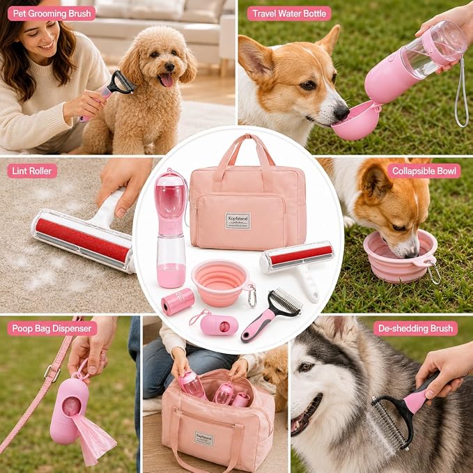 PawKit- All-in-one Dog Travel and Grooming Kit:- Deshedding Rake, Portable Water Bottle Feeder, Pet Hair Lint Roller, Collapsible Bowl, Poop Bag Dispenser, and a Travel Storage Bag. (Pink)