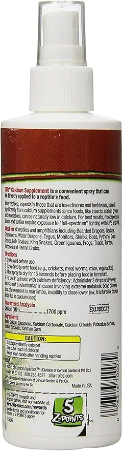 Zilla Reptile Health Supplies Calcium Supplement Food Spray, 8-Ounce (3 Pack)