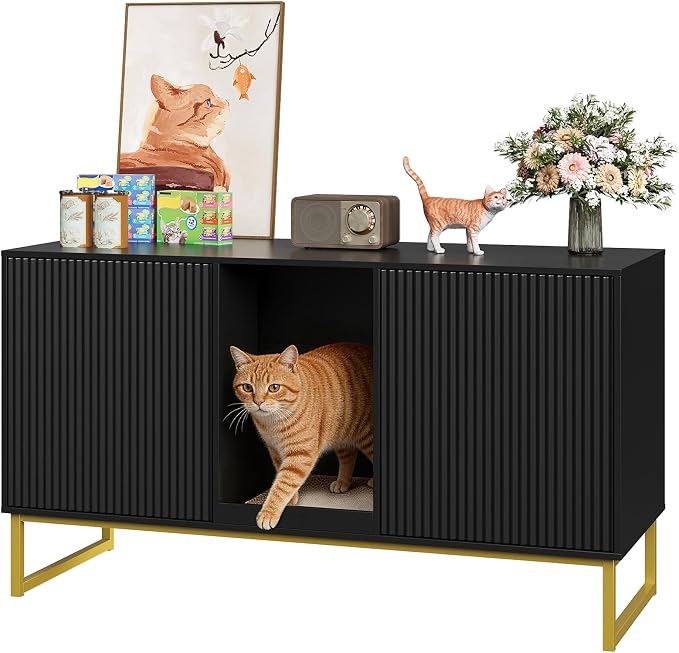 Kitty Litter Box Enclosure for 2 Cats, Small Hidden Cat Litter Box Furniture with Scratch Pad, Modern Fluted Double Litterbox Cabinet TV Stand for Kittens, Black