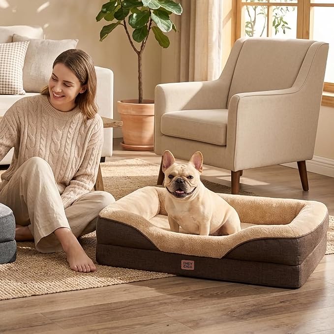 EHEYCIGA Orthopedic Dog Bed for Medium Dog, 35x22 Inch Memory Foam Dog Couch Bed with Sides, Waterproof Liner & Washable Removable Cover, Bolster Pet Sofa, Brown