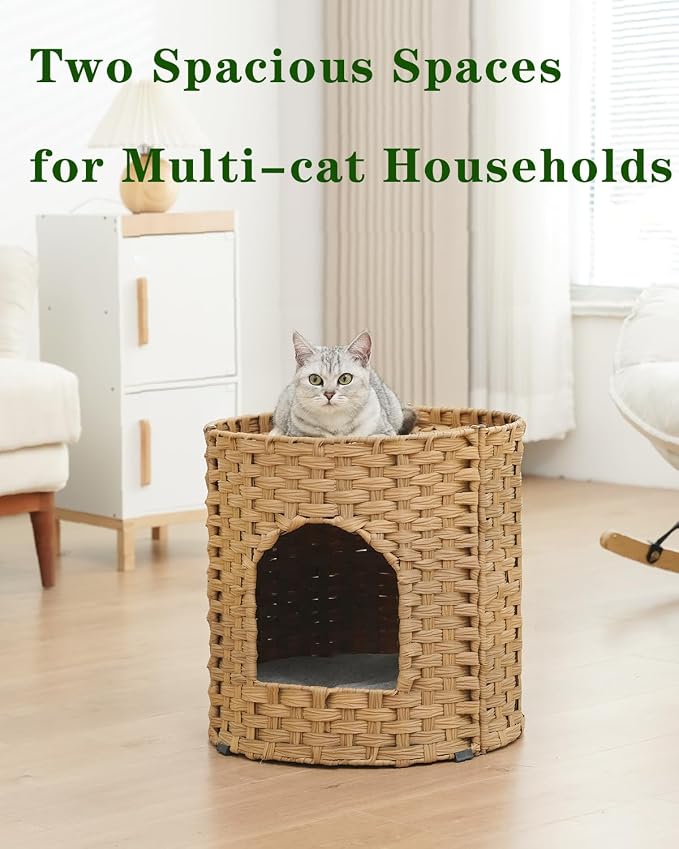 SETVSON Cat House for Indoor Cat, Large Double Cat Houses Cat Bed Cave, Handwoven Rattan Pet Beds with One Soft Pad, 17 x 17 x 17 Inches Foldable Kitten Hideaway in Living Room Natural