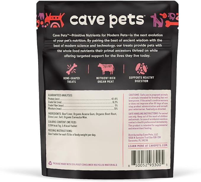 Cave Pets, Super Chomp Treat, Grain-Free Dog Treat and Digestion Supplement for Dog Health, Liver & Beet, 60 Treats
