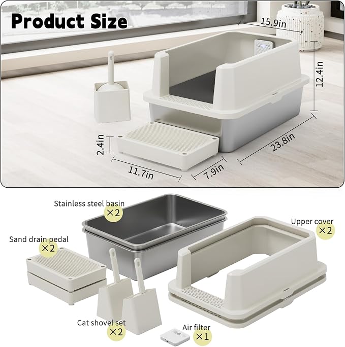 RIZZARI Beige 2-Pack Stainless Steel Cat Litter Box - Open-Top Leakproof Tray, Heavy Duty & Odor Resistant, Non-Stick Coating for Easy Cleaning, with Deodorizer, for Laundry Room or Restroom