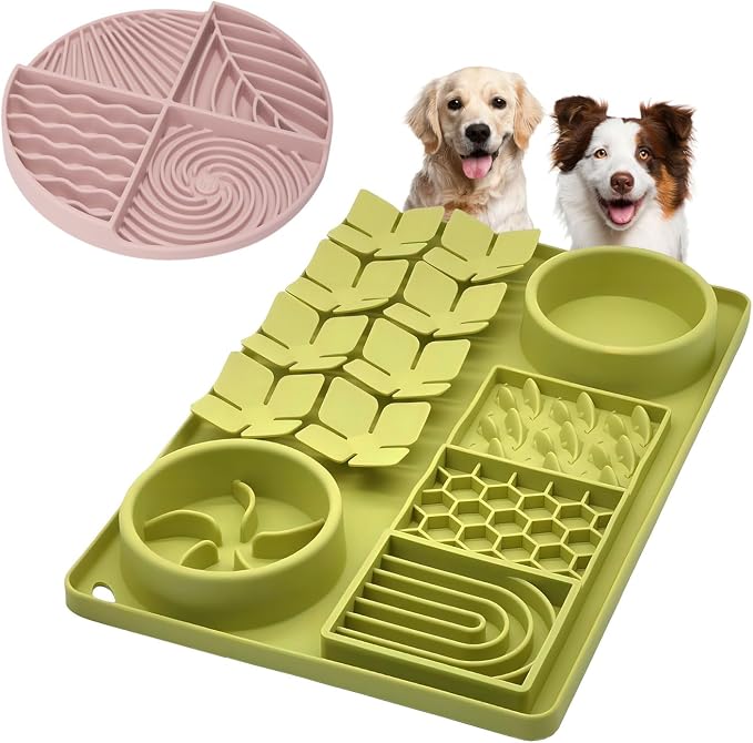 Slow Feeder Bowl Bundle: Green 4in1 Licking mat + Pink Spiral Slow Feeder, Silicone Lick Mat with Suction Cups, Snuffle mat for Dogs, Interactive Sniff Mat for Slow Eating and Keep Busy