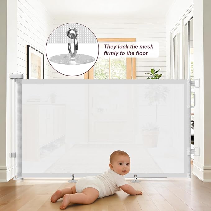 Retractable Baby Gates for Doorways, 58" Extra Wide Mesh Child Dog Gate for Stairs, 34" Tall Toddler Pet Gate Indoor and Outdoor, Easy Install, Home Necessity, White