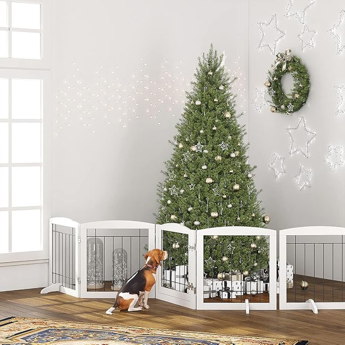 PAWLAND Freestanding Dog gate with Walk Through Door, Dog Gates for Doorways, The House, Stairs, 80" Wide Pet Puppy Safety Fence with Support Feet, 4 Panels, White