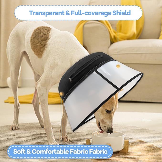 2-in-1 Inflatable Dog Cone Collar with Detachable Anti-Licking Shield, Soft Adjustable Elizabethan Collar for Dogs After Surgery (M+, Black)