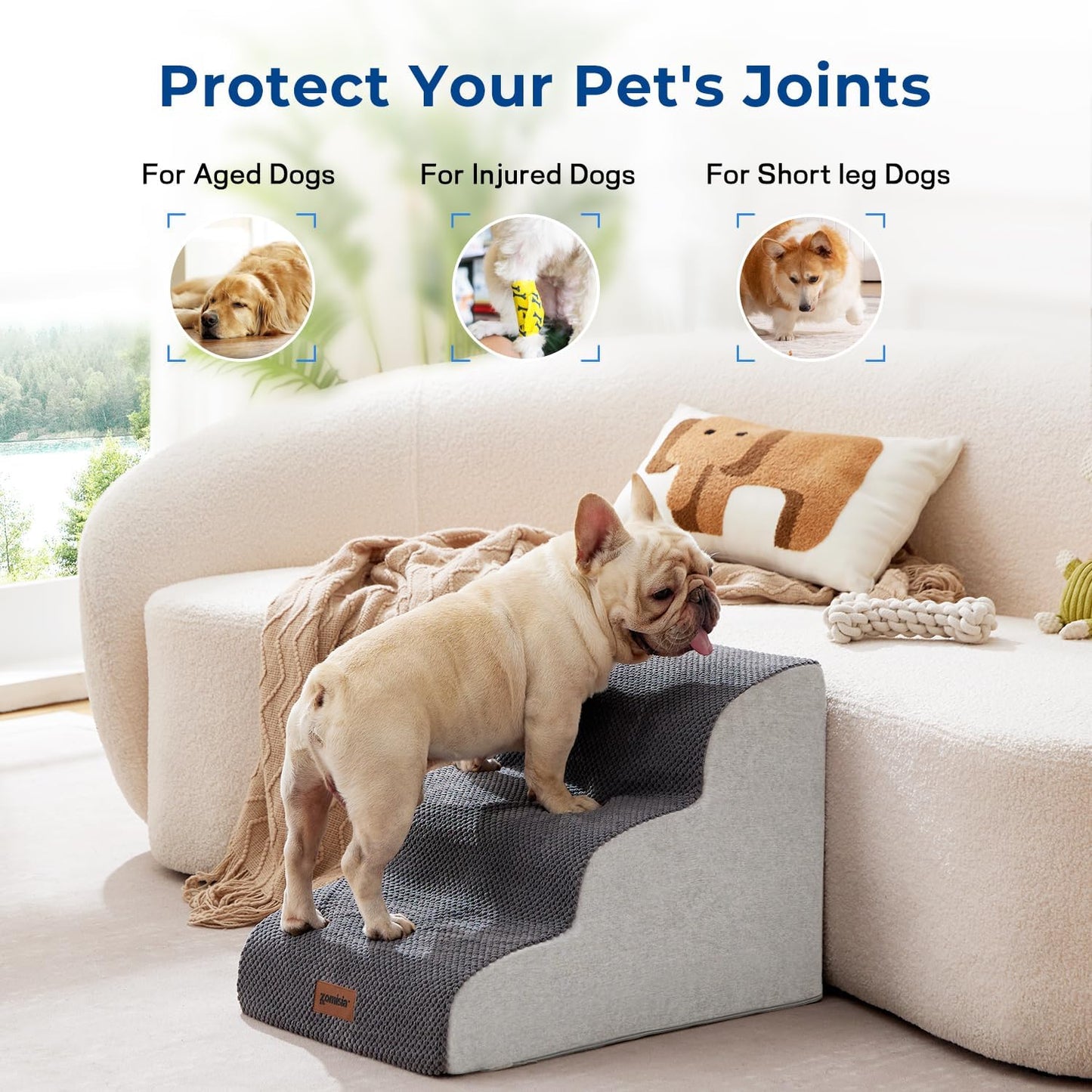 Dog Stairs for High Beds - Pet Stairs Ramp for Couch, 35D Foam Dog Steps for Small to Large Pets, with Non-Slip Bottom Beige, 5 Steps