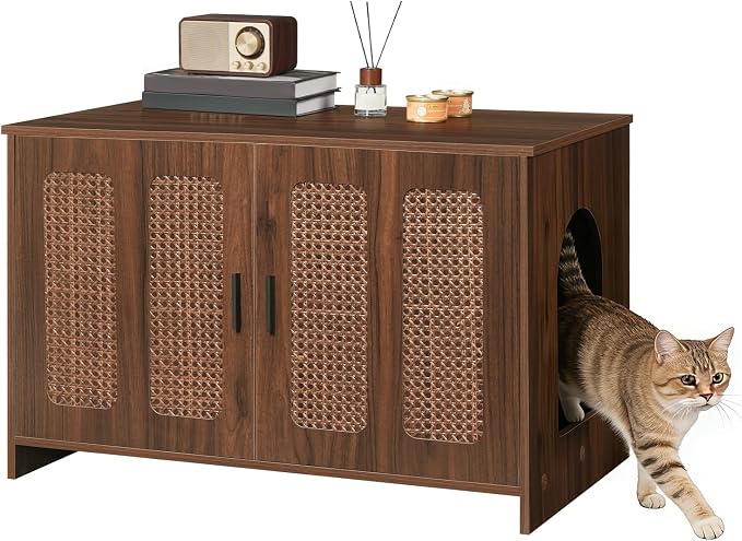HOOBRO Farmhouse Cat Litter Box Enclosure, Hidden Litter Box Furniture with Side Entry & Vents, Litter Box Cabinet with Double Woven Doors, Side Table for Living Room, Bedroom, Walnut WL33MW01
