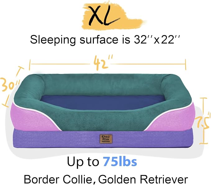 Chez Paw Large Orthopedic Dog Bed for Extra Large Dogs, Waterproof XL Egg-Crate Foam Dog Bed with Removable Washable Cover & Non-Slip Bottom, 4-Sided Bolster Support, Sage Lavender 42"x30"x7.5"