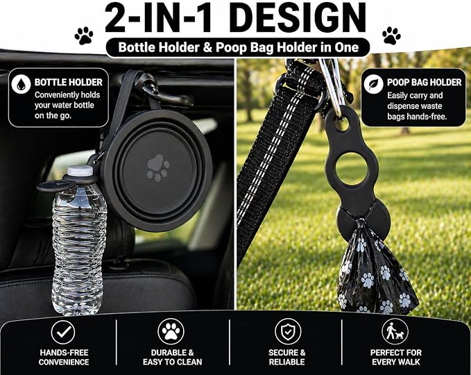 Black Slow Feeder Travel Dog Bowl Set β 30oz Stainless Steel + 20oz Collapsible Silicone Dish + Silicone Slow Feeder Insert | Water Bottle Holder | Non-Slip, Anti-Choking, BPA-Free β Claim