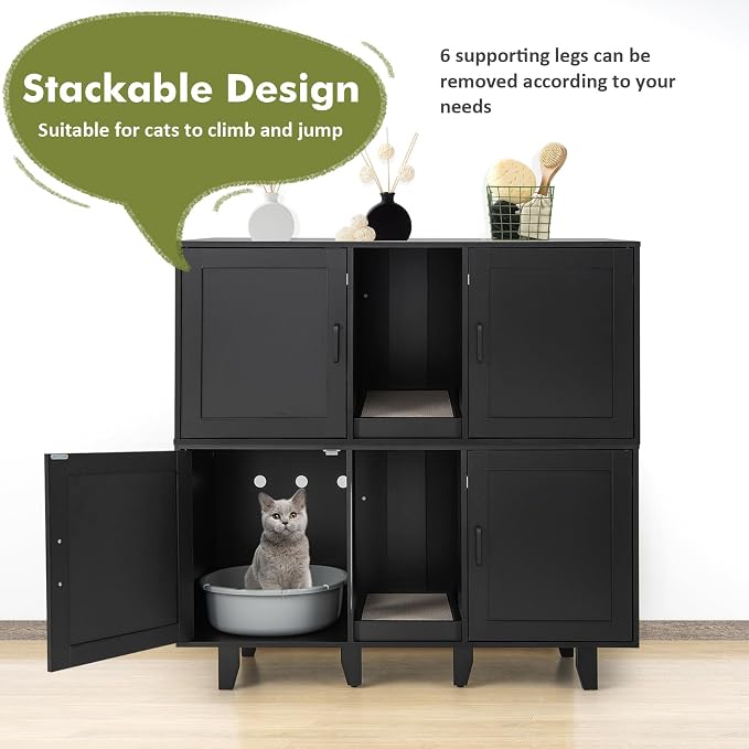 Tangkula Patented Double Cat Litter Box Enclosure for 2 Cats, Large Hidden Privacy Cat Washroom Cabinet with Scratching Board, Indoor Cat House TV Stand Side Table, Litter Box Furniture (Black)