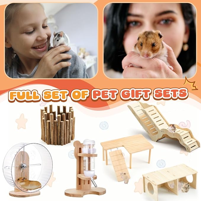 6 Pcs Hamster Toys Set, Maze Wood House, Climbing Ladder Wooden Bridge Tunnel Toy Platform Silent Exercise Running Wheels and Water Bottle Set for Rat Guinea Pig Habitat Cage (Standard)