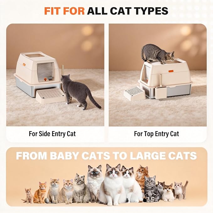 Stainless Steel Litter Box with Lid, Extra Large Enclosed Cat Litter Pan for Big Cats, High Sided Metal Litter Box with Enclosure, Front & Top Entry, Easy Clean, Anti-Leakage, Includes Scoop,Cream