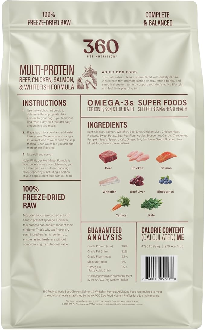 360 Pet Nutrition Freeze-Dried Raw Dog Food – Multi-Protein with Beef, Chicken, Fish & Organs, High Protein, Omega-3s, Fruits, Veggies & Superfoods, Grain-Free, No Filler 2 x 48 oz Made in USA