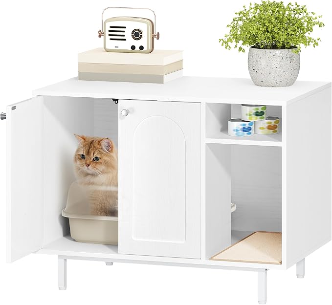 Hzuaneri Cat Litter Box Enclosure,Hidden Litter Box Furniture with Storage, Large Wooden Cabinet with Sisal Mat, Modern Cat Washroom for Living Room, Bedroom, Entryway, White CB01513W