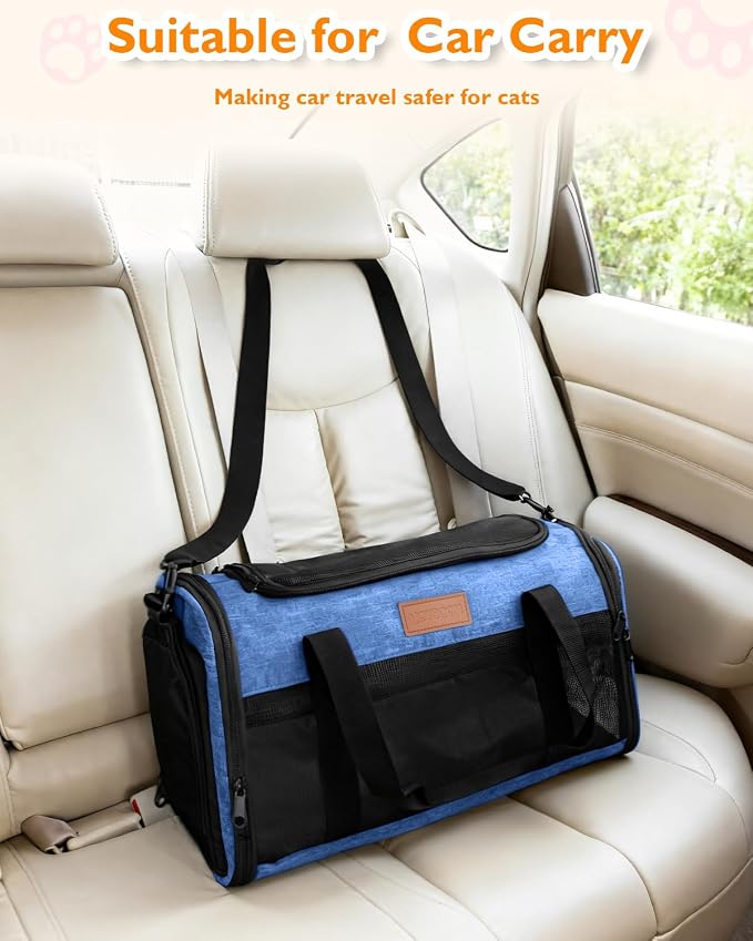 PETUX Airline Approved Pet Carrier for Small Cats up to 12 lb, Blue | 17x11x9.5 in, Underseat, Top & Side Entry, Soft Sided Cat Carrier with Breathable Anti-Scratch Mesh for Travel & Vet