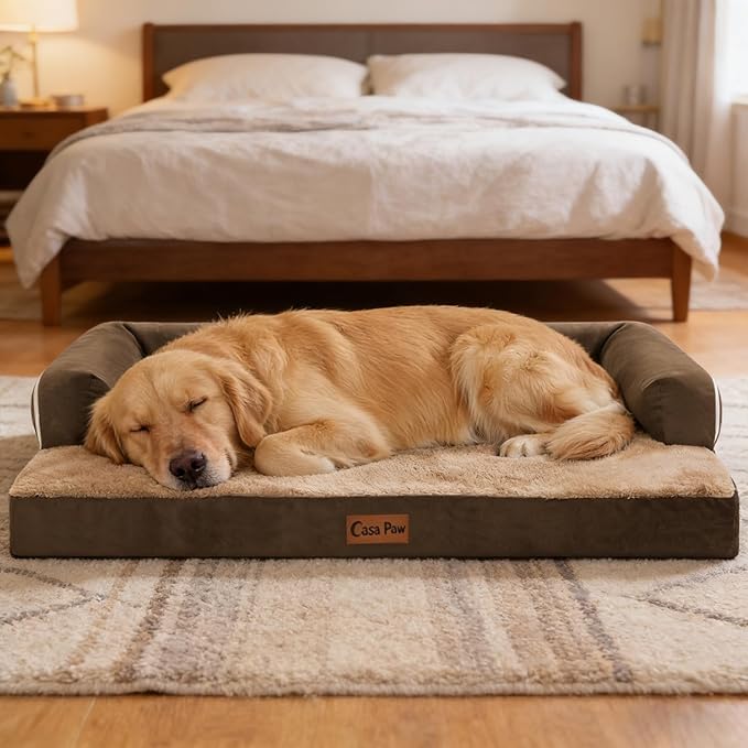 Orthopedic Dog Beds for Large Medium Sized Dogs, Waterproof Egg Crate Foam Large Dog Couch Beds with Comfy Bolster 36x27Inch, Washable Pet Beds with Removable Cover, Brown