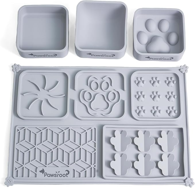 Extra Large Dog Lick Mat & Slow Feeder Bowl Set - XXL Silicone Enrichment Tray for Large Breeds - 2-in-1 Calming Puzzle Toy with 3 Removable Bowls (Dove Grey)