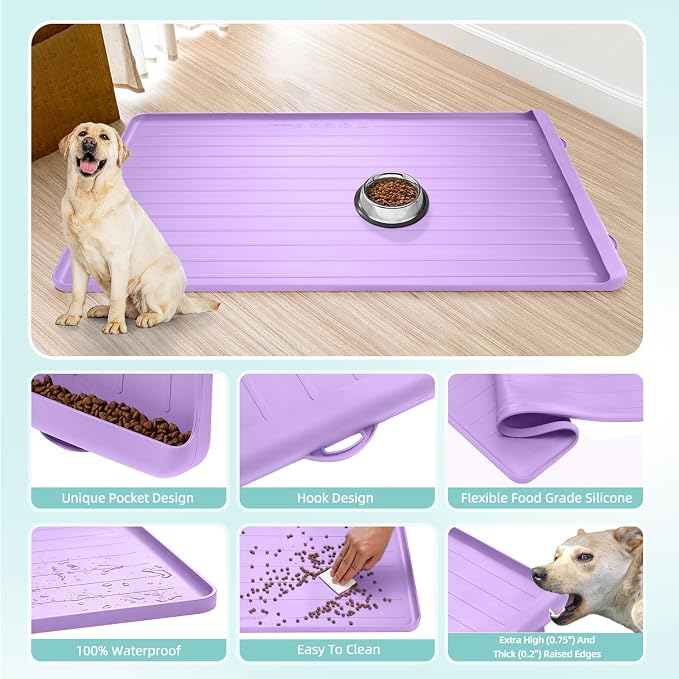 Dog Mat for Food and Water - 39.4" x 27" Large Pet Feeding Mats with Residue Collection Pocket - Waterproof Dog Cat Bowl Mat with High Edges to Prevent Water and Food Spills (Purple, 39.4''x27'')