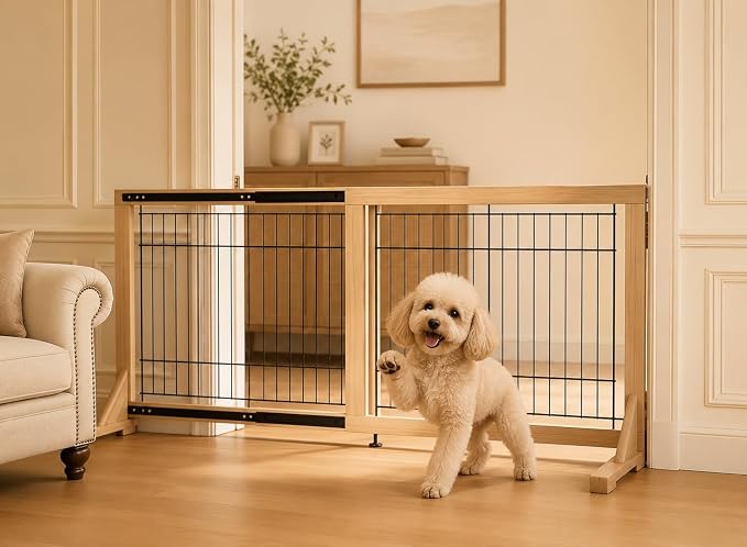 Extra Wide Freestanding Dog Gate, Adjustable Width 31.5"–61", 23.6" Tall Indoor Pet Gate for Kitchen, Living Room & Stairs, Wooden Metal Frame No-Drill Pet Barrier