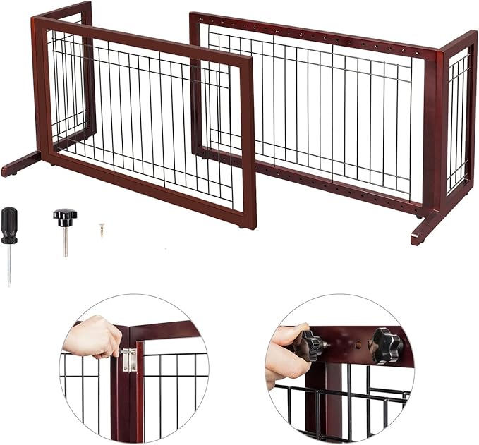 VINGLI Dog Gate for Stairs Free Standing Pet Gate for Driveway, Solid Wood Puppy Doggie Gates for Indoors Adjustable from 40" to 71" Wide
