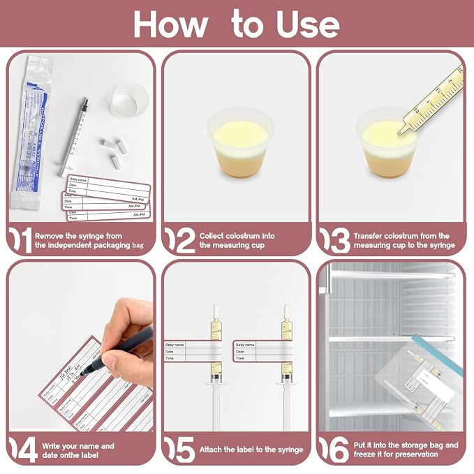 120 Sets 5ml Colostrum Collector Kit Include No Needle Colostrum Syringes with Caps 1mlx120, Stickerx120, 20ml Measuring Cupx4, Ziplock Storage Bagx12 for Breastmilk Collector