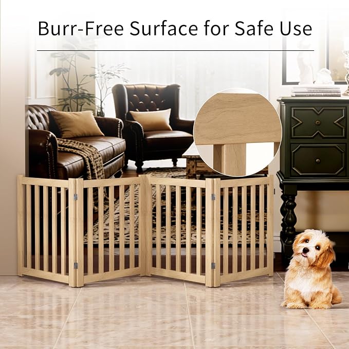 4-Panel Solid Wood Dog Gate - Freestanding Folding Pet Gate for Doorways, Stairs, Indoor, 24" Height, No Installation Needed, Natural Wood