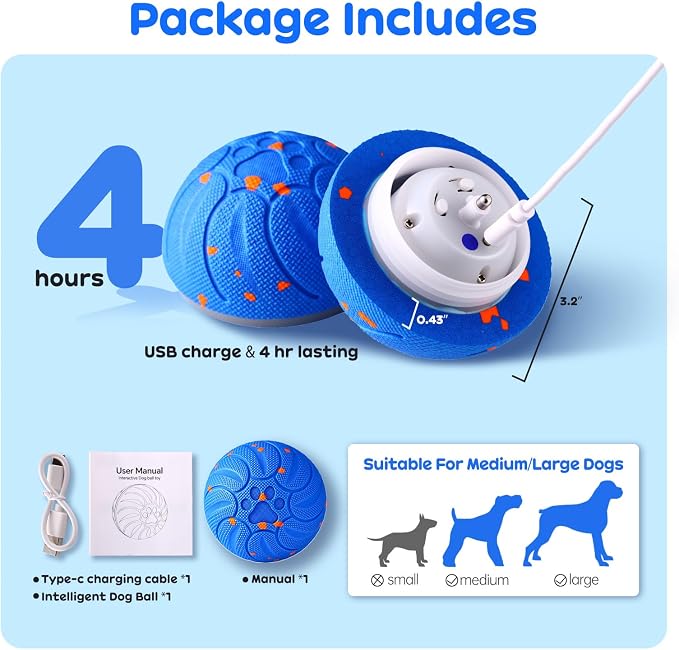 Smart Interactive Dog Toys, Colorful Led Lights, Blue | Upgraded Chew-Resistant E-TPU, Auto-Bounce & Rotating, Obstacle Avoidance, IPX7 Waterproof