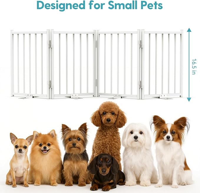 No Pawblems Free Standing Short Dog Gate, 16.5'' Tall Foldable Dog Fence for Indoor & Outdoor, Up to 72 Inch Extra Wide Puppy Gate for Stairs, Hallways, Doorways, Deck, Yard (White, 6 Panels)