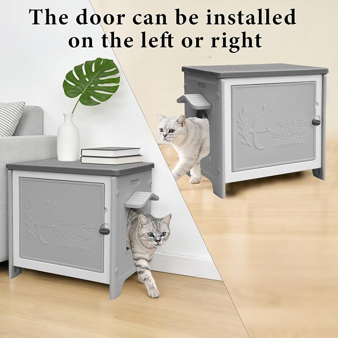 Cat Litter Box Enclosure Furniture Plastic Hidden Enclosed Litter Box Cabinet Cat House Kitty End Table for Living Room, Entryway, Balcony, Bedroom