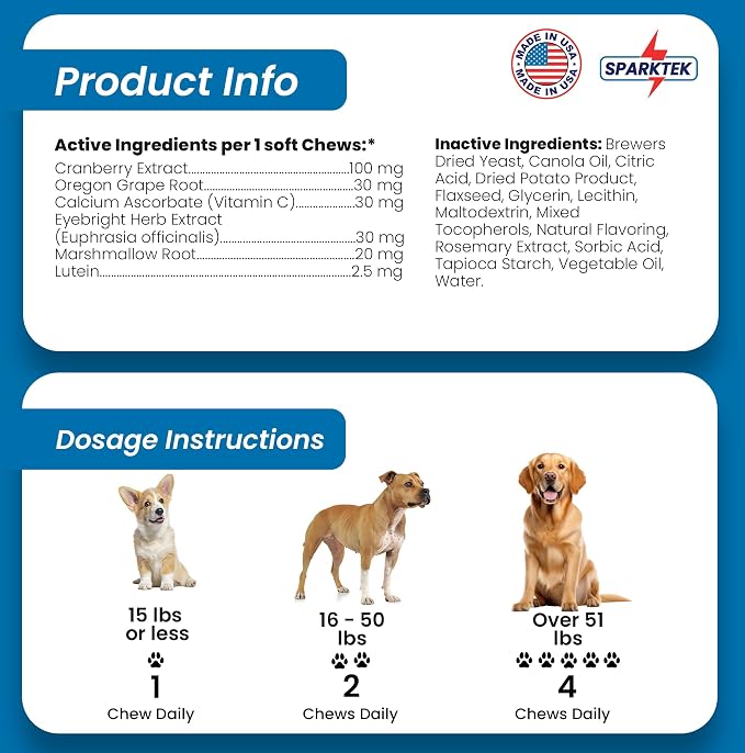 Tear Stain Soft Chew for Dogs Supports Eye Care Enhanced with Lutein Omega-6 Omega-3 Cranberry Extract Helps Eliminate Tear Stains Lubricates Eyes and Supports Immune System from Allergies