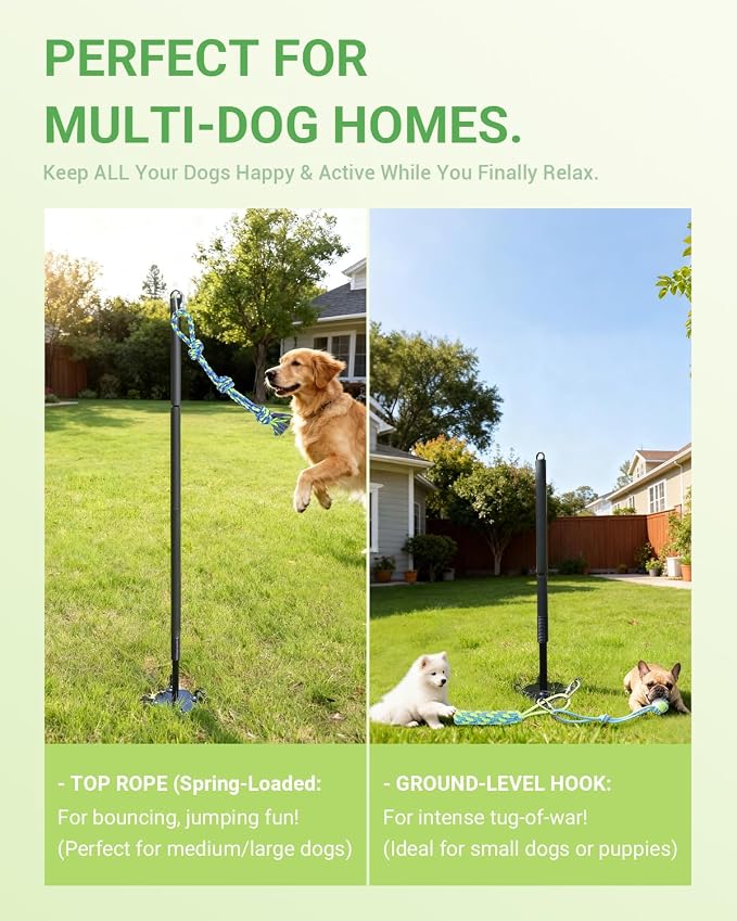 Tether Tug Outdoor Dog Toy, 31"-78" Tug of War Dog Toy with Safety Pole Cover, 3 Replaceable Ropes & Spiral Ground Anchor - 4 Durable Spring Pole Interactive Pull Toy for Large Medium Small Dog