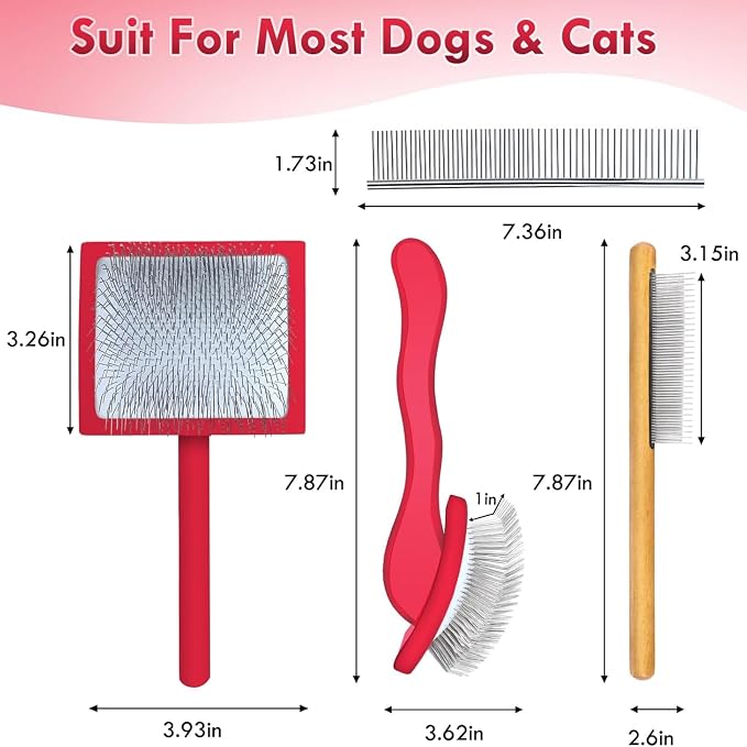 Large Slicker Brush for Dogs - 3-Piece Solid Wood Dog Grooming Kit for Doodles and Poodles - for Wavy, Curly & Matted Hair, Red