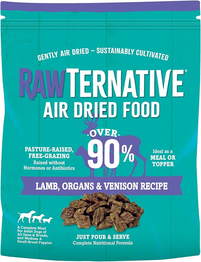 RawTernative Air-Dried Dog Food, High Protein, Over 90% Real Lamb, Organs, & Venison + New Zealand Green Mussels, Complete Meal or Topper, Grain Free, Gluten Free, Non GMO, (5 lb Bag)