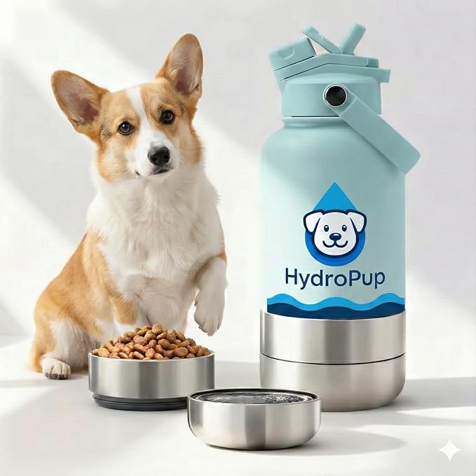 Dog Water Bottle for Walking and Hiking, 32 oz with Bowl Stays Cold