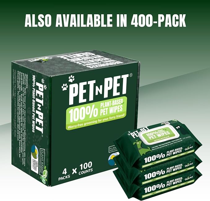 Pet N Pet 100% Plant Based Dog Wipes for Paws and Butt, 100 Counts Hypoallergenic Unscented Dog Pet Wipes, 8" x 8"