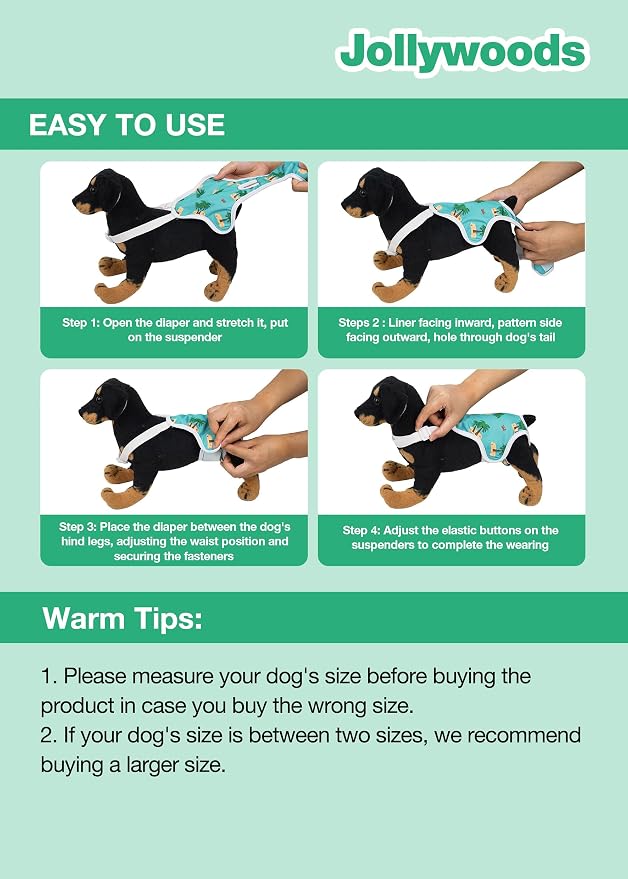 Jollywoods 3 Pack Washable Female Dog Diaper Onesie Sanitary Pantie with Adjustable Suspender, Reusable Fixed Doggie Diapers, Super Absorbent Leakproof for Small Medium Large Dog in Heat Cycle L