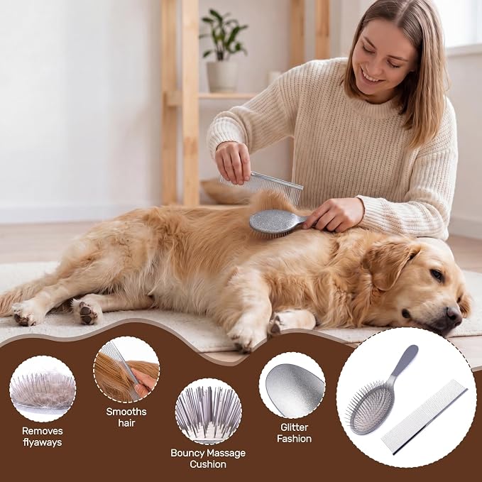 2PCS Slicker Brush for Dogs, Professional Pet Grooming Brush, 27mm Oval Stainless Steel Pin, Sparkle Glitter Handle, Anti-Static Round-Tipped Pins, Gentle Massage & Shedding Comb for Long Haired Dogs
