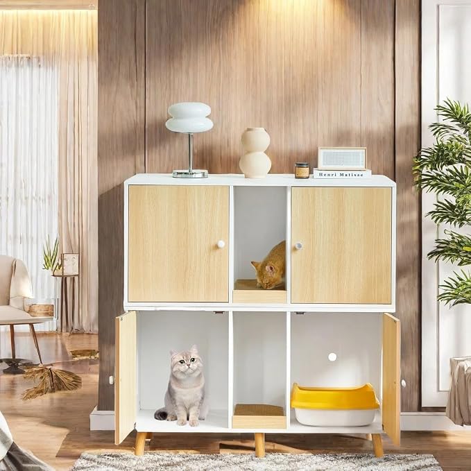 Litter Box Enclosure for 2 Cats, 43" Hidden Cat Litter Box Furniture Cabinet with Scratching Pad and Double Room, Cat House Washroom, Side End Table Modern, Wood
