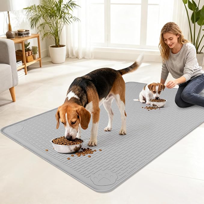 Dog Food Mat, 40" x 28" Large Silicone Mat Dog Feeding Mat with Raised Edge Non-Slip Pet Feeding Mat for Food and Water Bowl, Easy to Clean, Floor Protection (Gray)