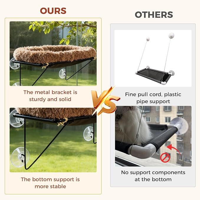 Cat Window Perch, Cordless Cat Hammock Window Seat with Sturdy Metal Frame Supports and 4 Strong Suction Cups (Brown, Long Hair)